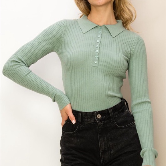 233B-SAGE. Ribbed Collared Button Front Long Sleeve Top - Picture 3 of 5